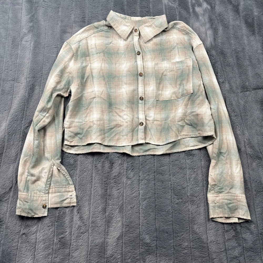 Hollister Womens XS Plaid Cropped Flannel Shirt Sage Green Raw Hem Button Down